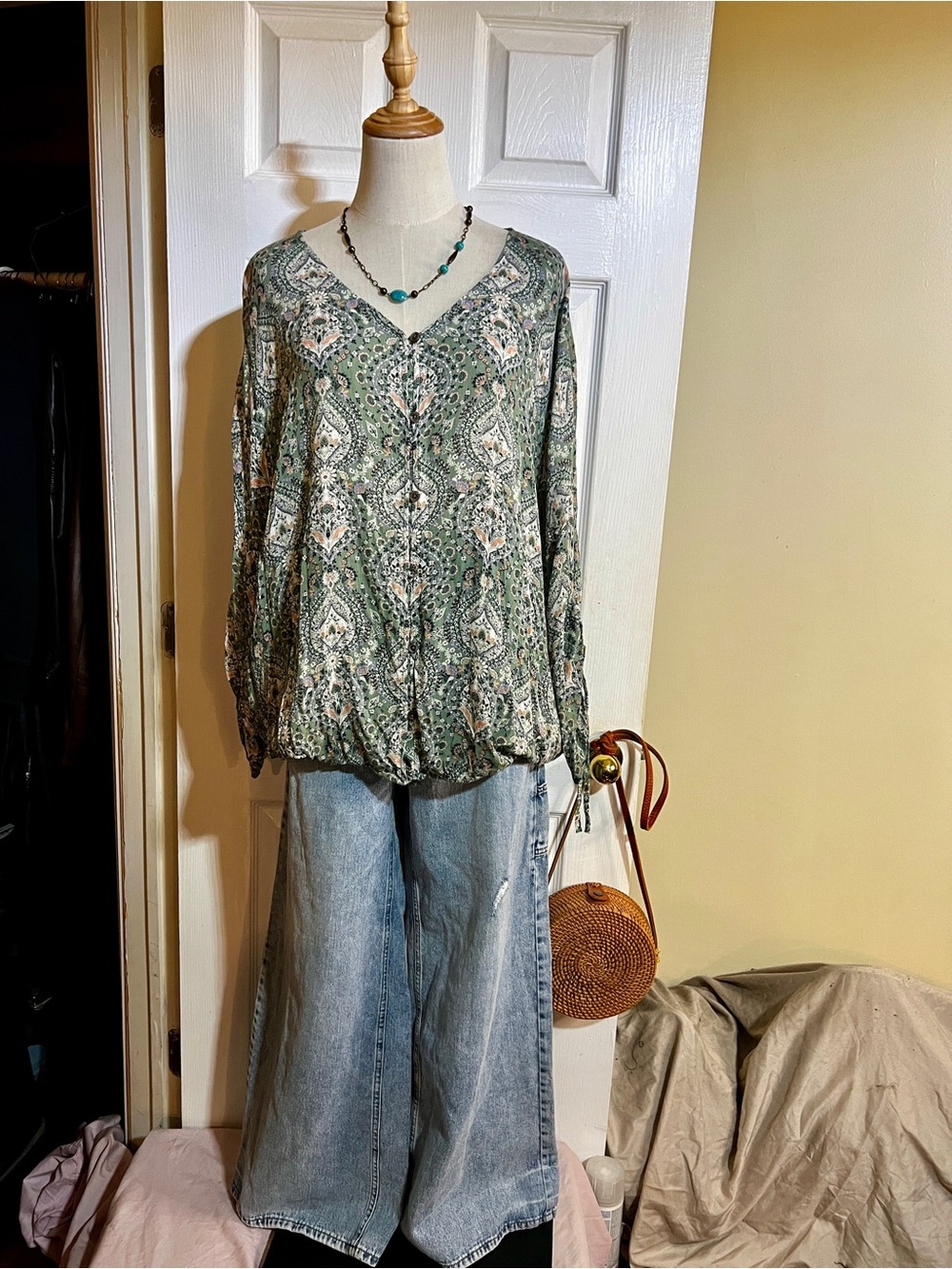 J Jill Wms Plus Size Green Paisley Gauze Elastic Hem Boho Casual Peasant Top 2X